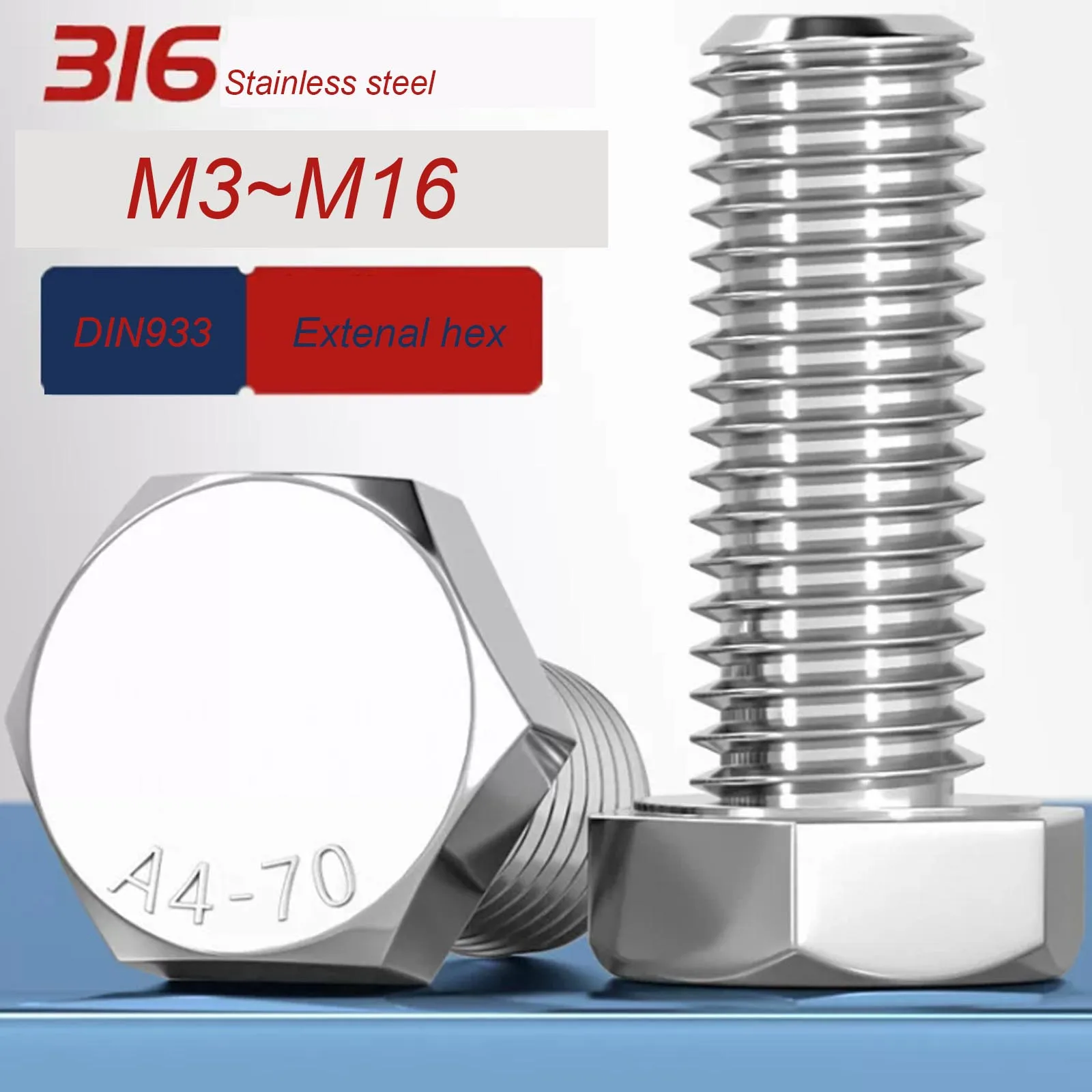 316 Stainless Steel DIN933 Hex Head Screws, A4-70 Corrosion Resistant Hex Bolts M3-M16 Full Thread Fasteners for Marine/Industri