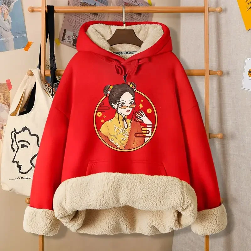 Thicken Hoodies Women Winter Clothes Print Chic Warm Japanese Style Hooded Casual Plus Velvet Popular Harajuku Loose Students