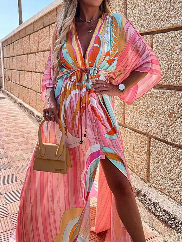 Summer Print Casual Women Dresses Oversized Holiday Beach Dress Boho Long Cover-Up Dress Female Long Sleeve Loose Tunic Dress