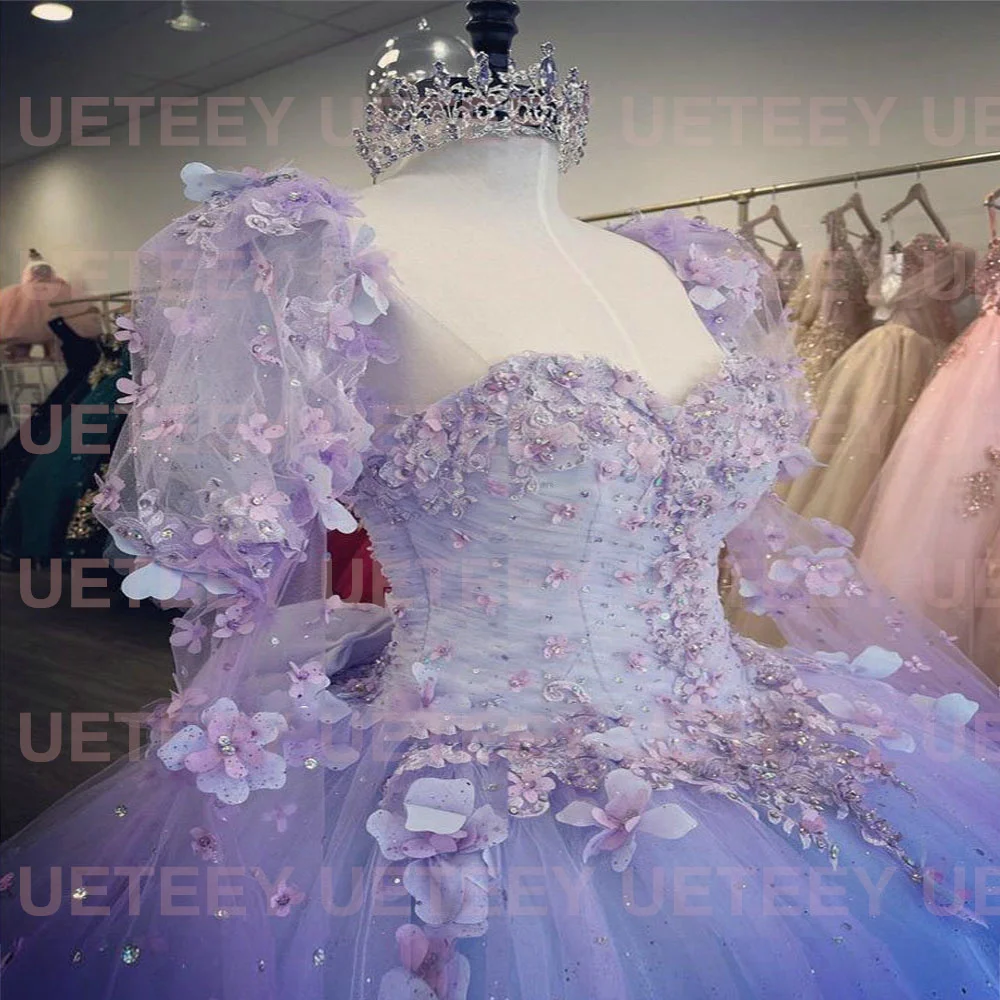 2023 Hoa Cà Quinceanera Đầm Appliques Ren 3D Hoa Nơ Áo Vestidos De Quinceañera Tay Dài Chiếu Trúc Hạt Pha Lê Bầu