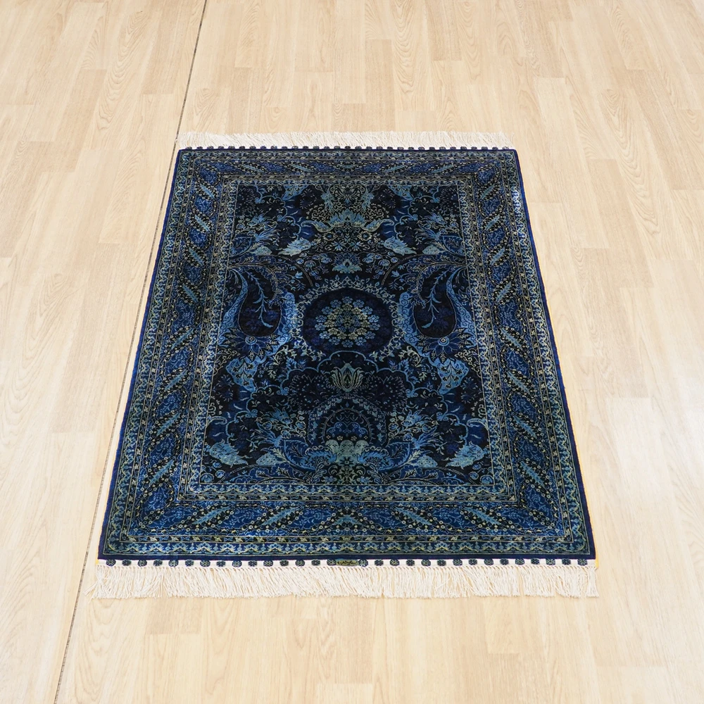 91x137cm Blue Turkish Rug Oriental Small Silk Hand Knotted Carpet