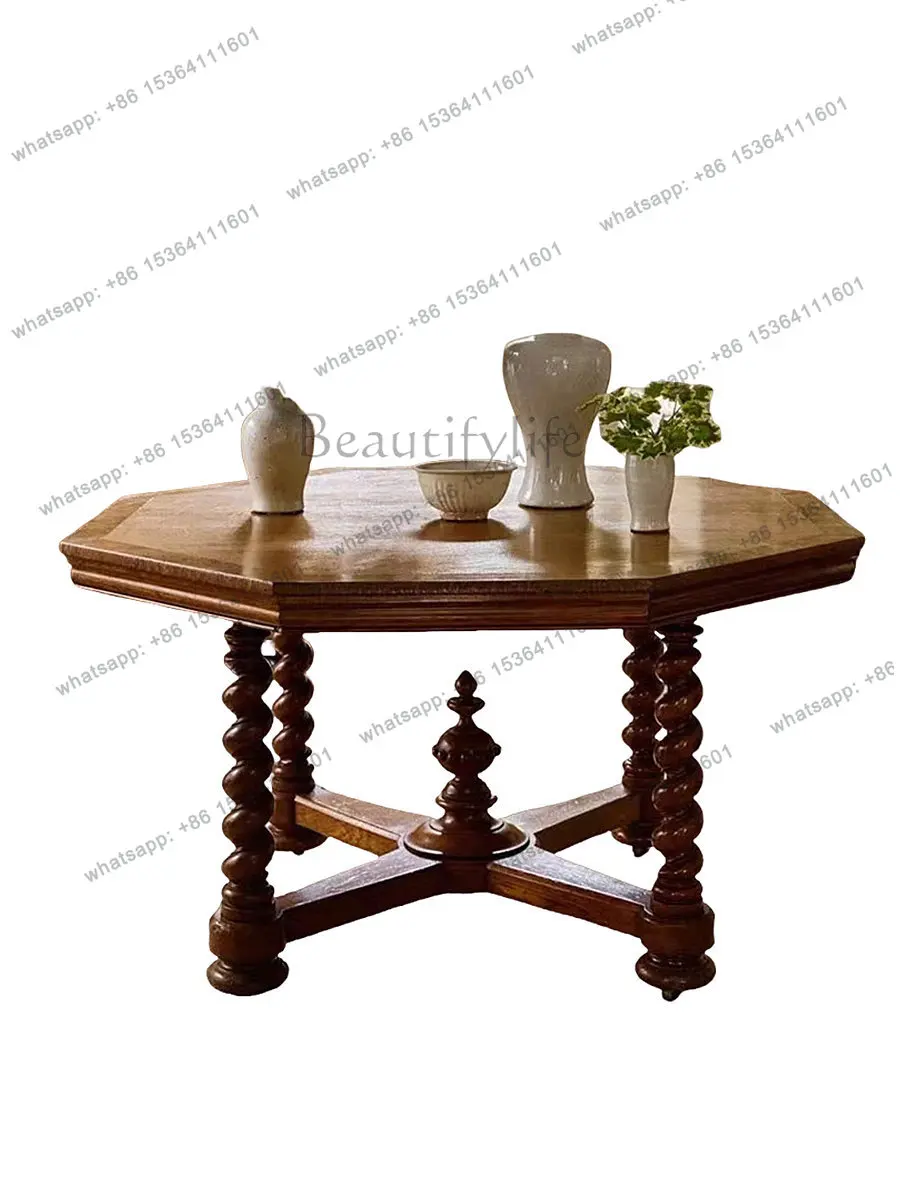 Medieval solid wood Roman column household American retro art carved small table