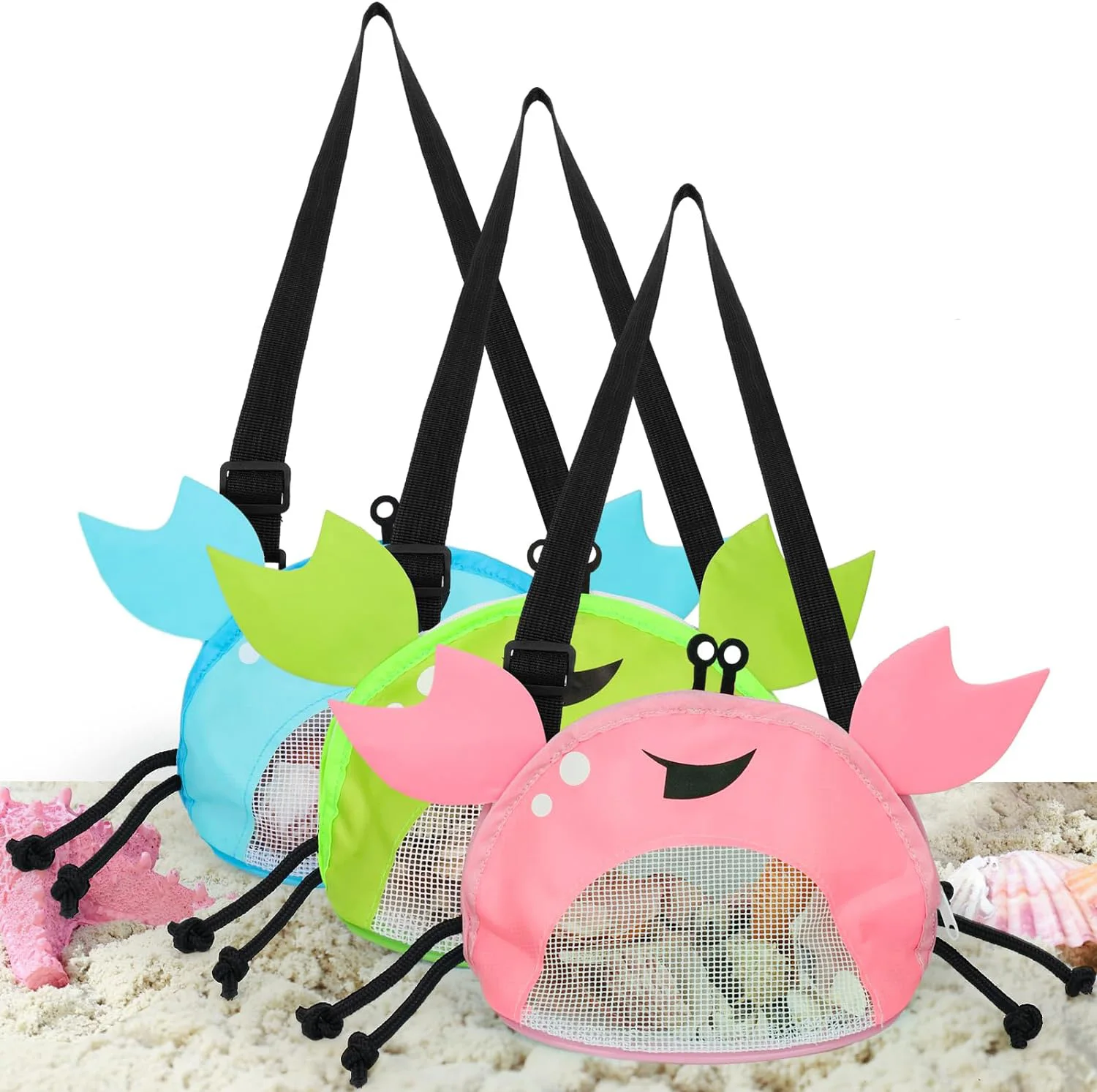 Malha sacos de praia com alça ajustável, sacos coloridos coletores, bolsas de concha em forma de caranguejo para piscina marítima e brinquedo de areia