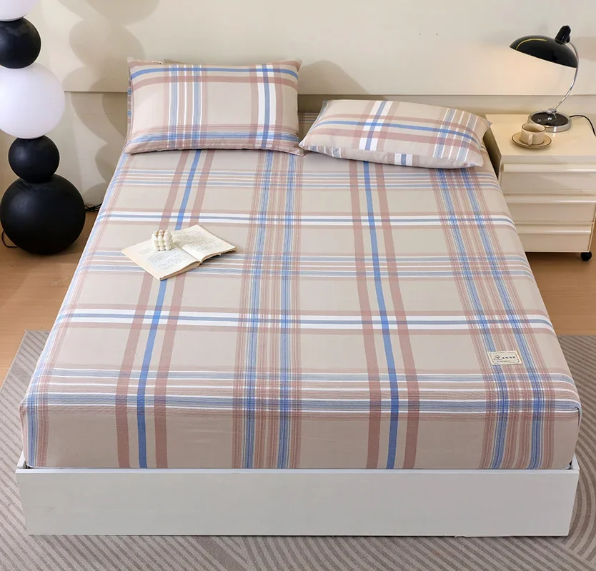 

Plaid Cotton Fitted Sheet Set with Elastic Band Non Slip Adjustable Mattress Cover Soft Thick Comfortable for Single Double Size