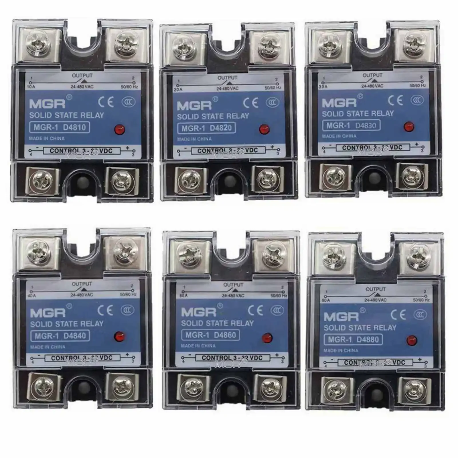 DC to AC SSR 10/20/25/40/50/60/75/80/120A 3-32VDC Input to 24-480VAC Output Single Phase Solid State Relay + Clear Cover