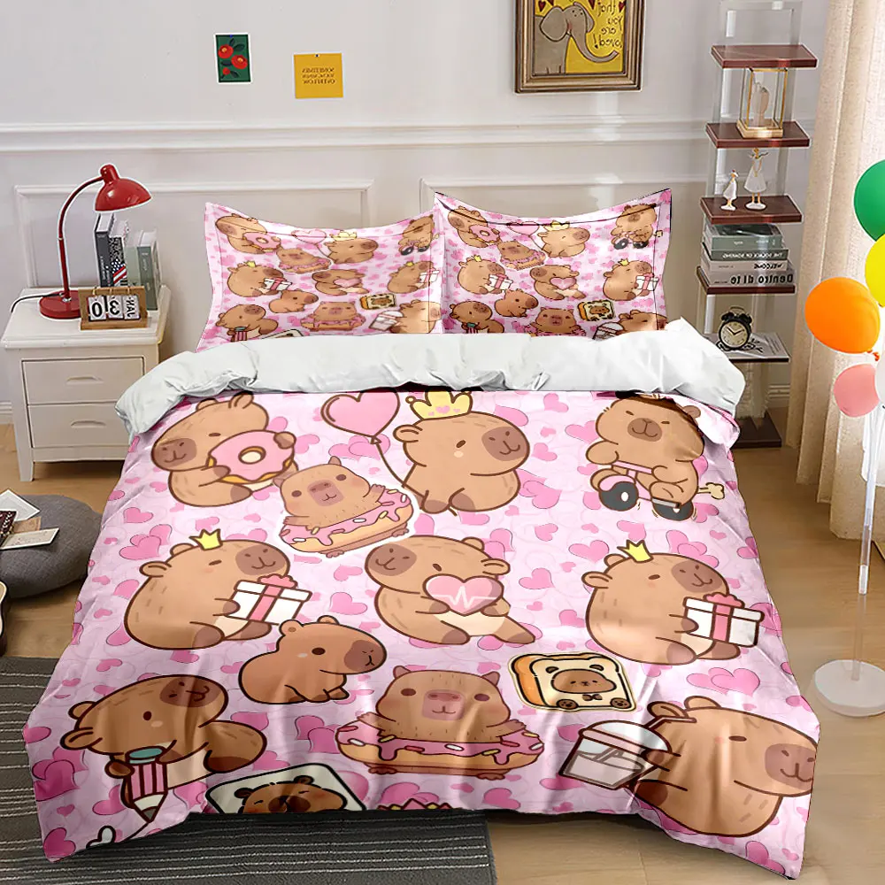 Cute cartoon capybaras with sweet vibes Printed Duvet Cover Set1 Duvet Cover+2 PillowcaseMulti Size Bedroom Bedding Decoration
