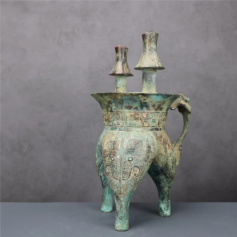 Bronze Ware Western Zhou Dynasty Beast Face Pattern Decoration Antique Vessel Jia Wine Pot Ornament
