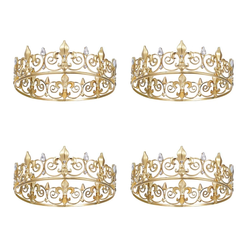 

4X Royal King Crown For Men - Metal Prince Crowns And Tiaras, Full Round Birthday Party Hats,Medieval Accessories (Gold)