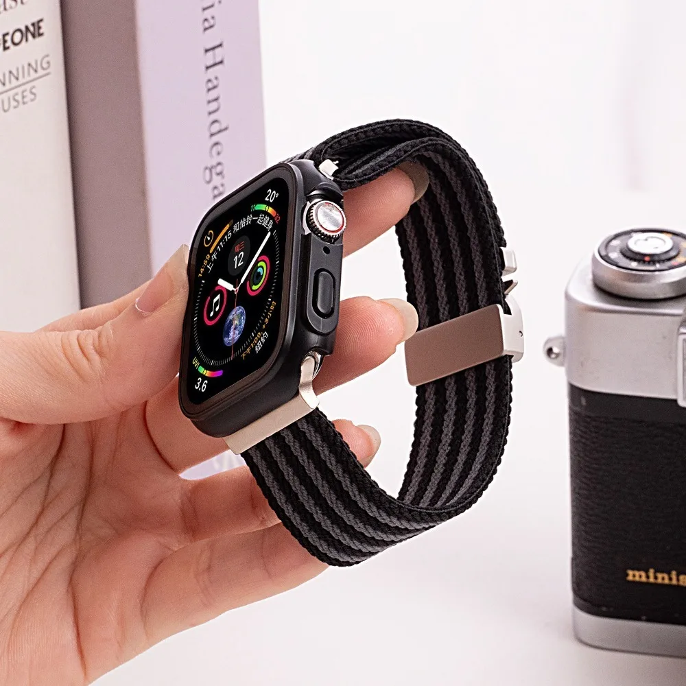 حزام مضفر من النايلون لساعة أبل الترا 3/2/1 باند 49 ملم S11/10 46 ملم 42 ملم سوار مرن لساعة iWatch 9 8 7 45 ملم 6 5 4 SE 44 ملم