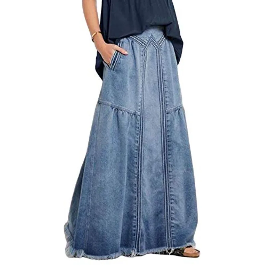 ebossy Women's Casual Elastic Waist Frayed Hem A-Line Distressed Hippie Long Maxi Denim Skirt