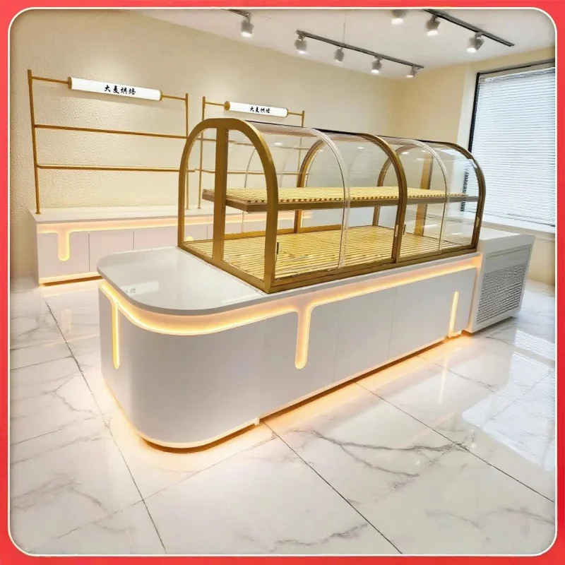 custom.Customizable Glass Wood Bread Display Stand with LED Lighting Varnished Heavy Duty Metal Frame Supermarket Ret view 4