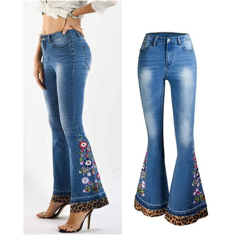 

Women's Denim Flared Pants, Embroidered Patchwork, Leopard Print, Wide Leg Trousers, Y2K