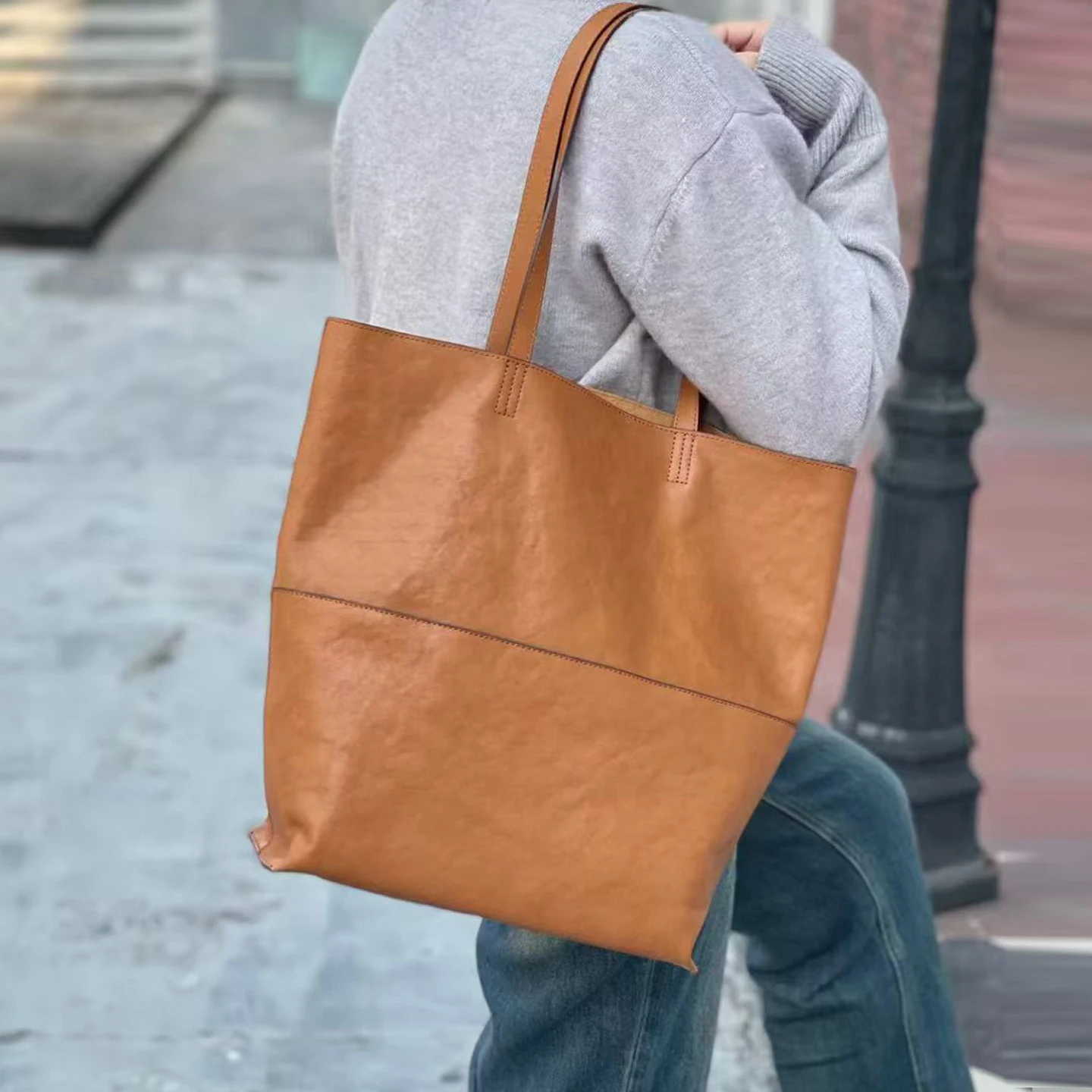 Vegetable Tanned Genuine Leather Top-Grain Leather Tote Bag Woman Large Capacity Shoulder Bag Retro Large Bag Parent-Child Bag