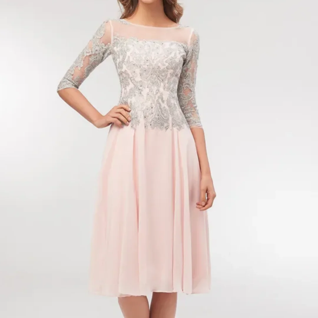 

Elegant Chiffon Lace Applique Half Sleeve Tea-Length Mother Of The Bride Dress Plus Size Formal Evening Dresses Customized