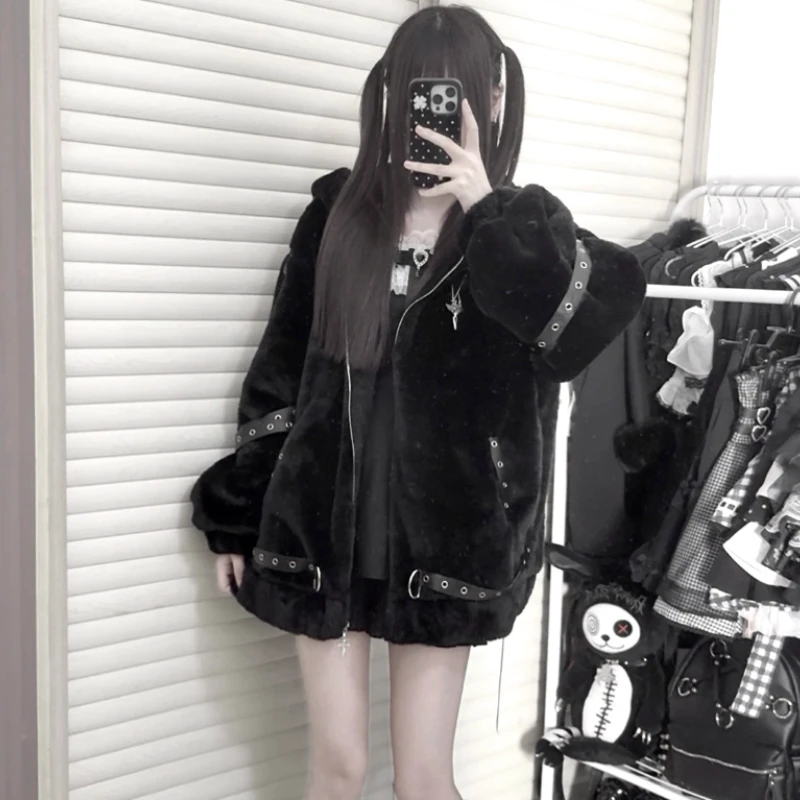 اليابانية ثقافة فرعية القوطية فو الفراء سترة شتاء جديد الفتيات الحلو كول الدافئة سميكة معطف الفرو النساء الألغام أفخم مقنعين سترة #4