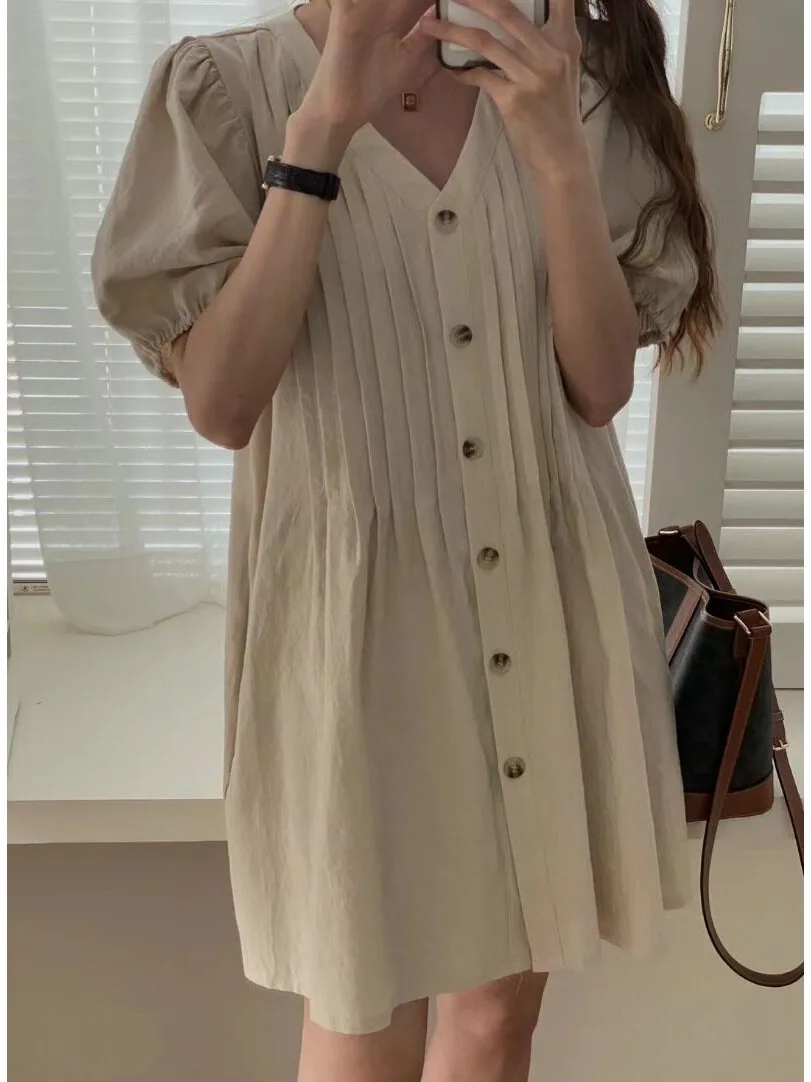 Three-Color Craft  Single-Button V-Neck Dress Korean Style Women's Fashion Spring Autumn Winter Dress for Various Occasions