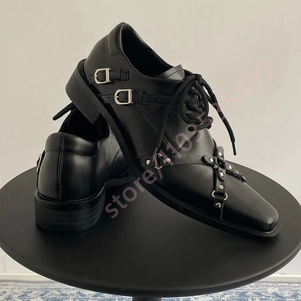 2026 New Black Leather Square Toe Men/women Oxford Shoes with Silver Buckle & Strap Detail Lace-Up Low Heel Gothic Formal Shoes