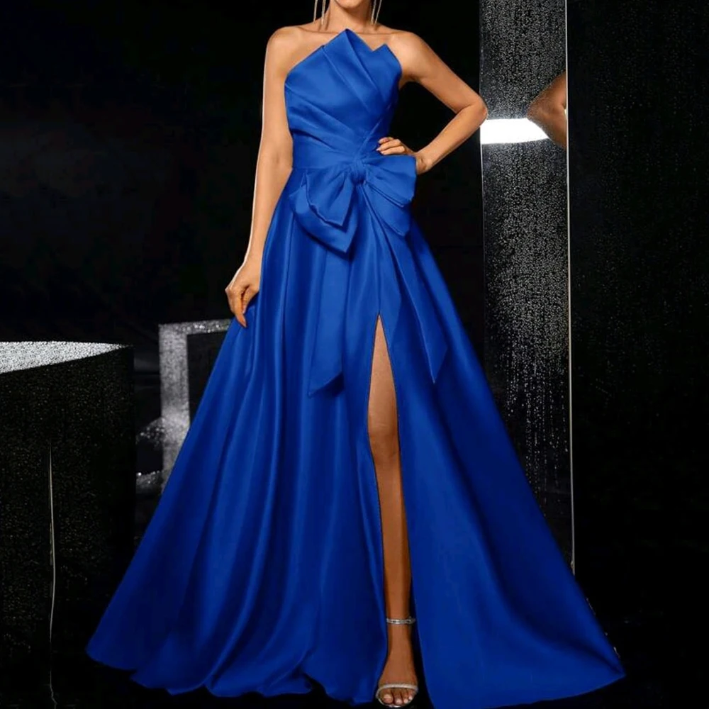 

Customized A-line Evening Dresses Floor-length Strapless Sleeveless Prom Gown Fashion Bow Side-split Pleat Draped Party Gown