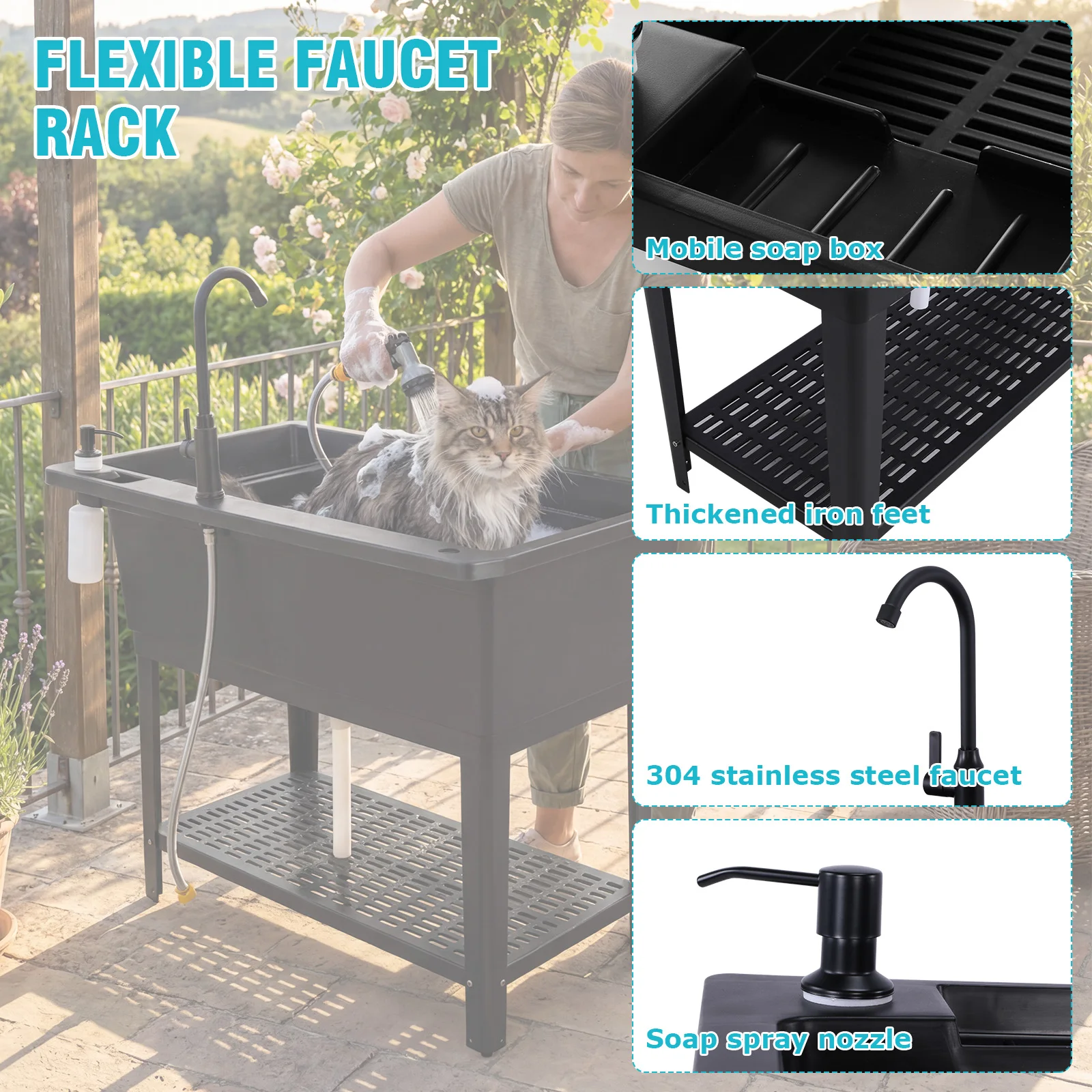 

Freestanding Plastic Laundry Sink with Stainless Steel Faucet Soap Dispenser Single Bowl Sink for Garage Basement Garden