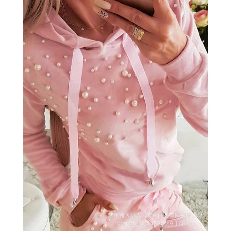 2024 New Women\'s Clothing Pink Bubble Beads Decorative Hooded Sweater Pullover Sweatpants Trousers Casual Suit 2-Piece Set