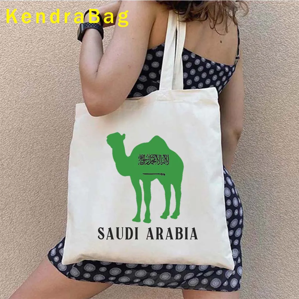 Arabia saudita bandiera mappa emblema cammello Arabia saudita re Salman principe bob Bin Salman JEDDAH paesaggio tela Tote Bag borsa