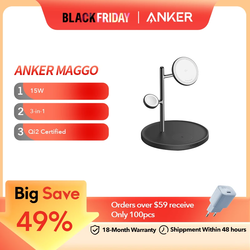 Anker MagGo 3-in-1 Wireless Charging Station Qi2 Certified 15W Wireless Charger for iPhone 15/15 Pro/14/13 Apple Watch AirPods