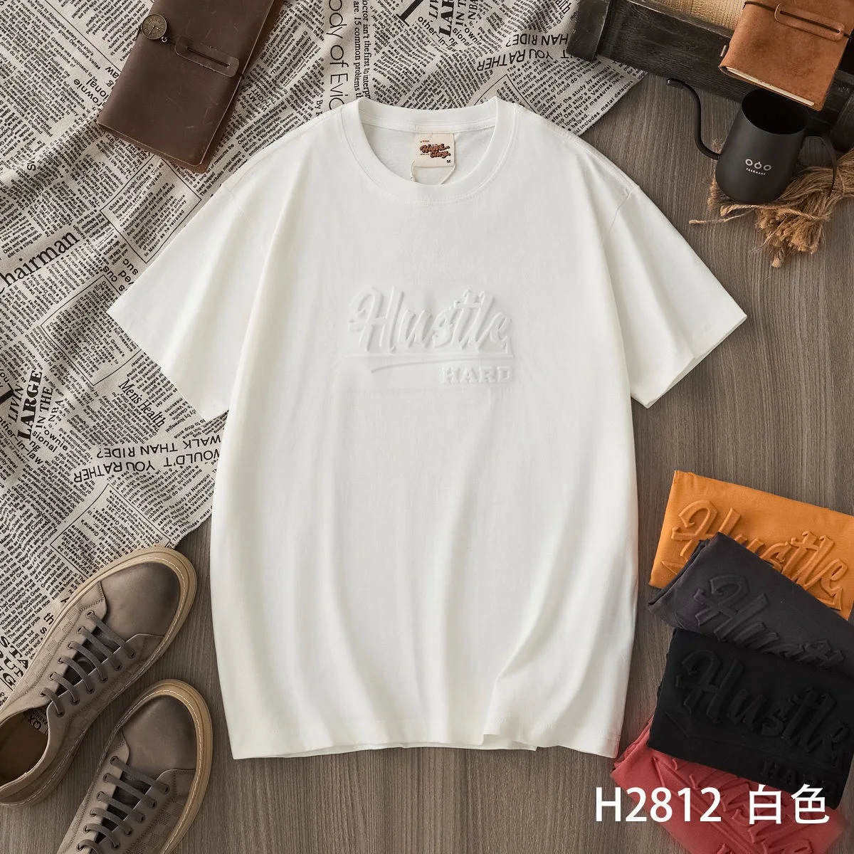 190gsm 26S 100% Cotton Washed 3D embossed pattern Tees for Men 2026 Summer American Vintage Casual Short Sleeve Loose T-shirts