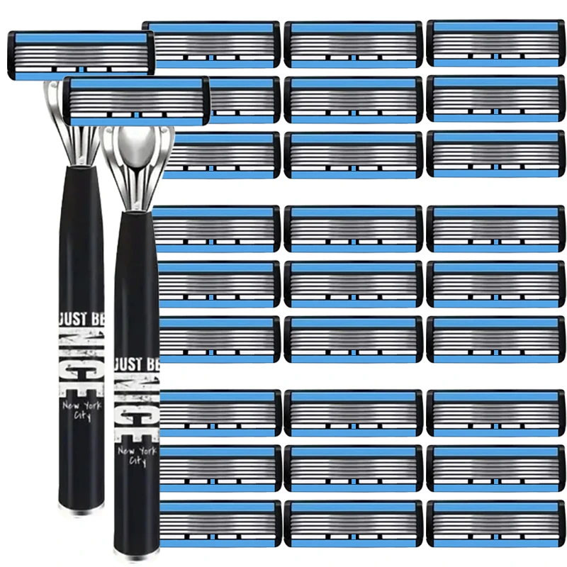 6 Layer Shaver (1 Razor Holder + 3 Blades Head) Cassette Shaving Set with Blue Body Face Hair Removal Knife for Gift Men
