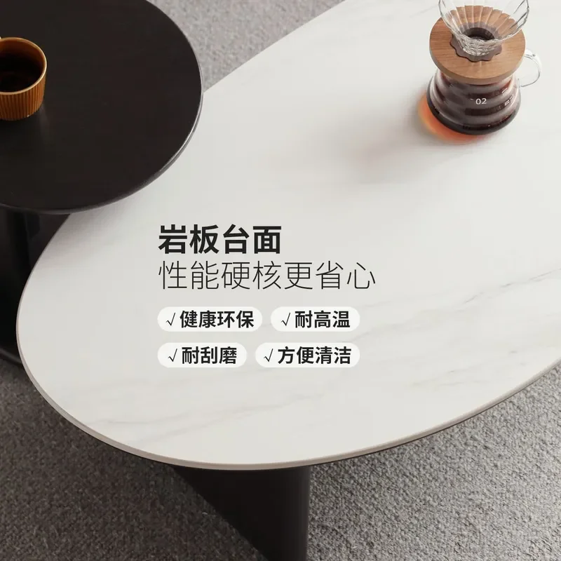 Modern Solid Wood Coffee Table with Rock Slab Top Oak Edge Black Finish Simple Living Room Tea Table Combination