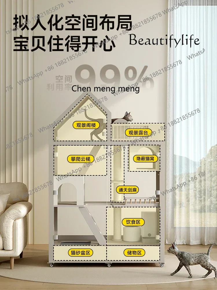 M182 Cat Villa Solid Wood Cage Panoramic Glass Cat Cabinet Home Cat Room with Drawer Small Balcony