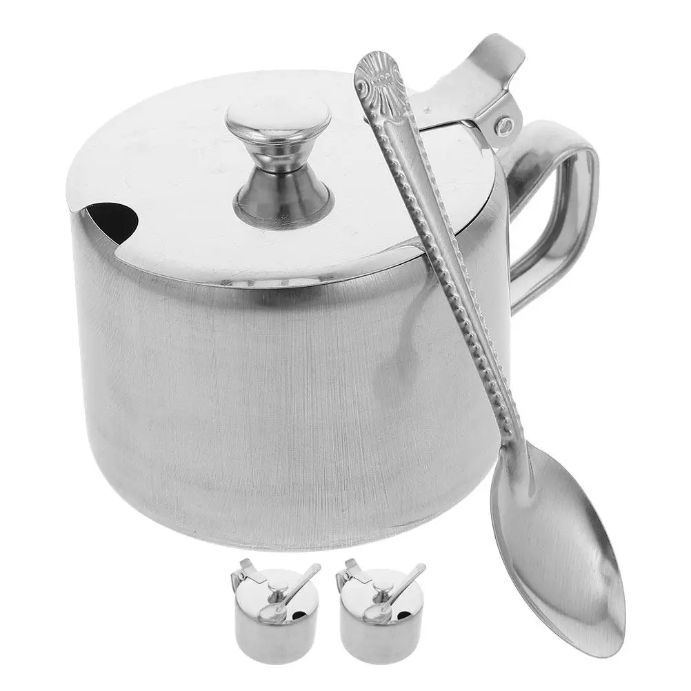 

Набор из 3 контейнеров для сахара из нержавеющей стали, многофункциональные кухонные емкости с крышкой и ложкой для специй, соли, закусок, органайзер-миска