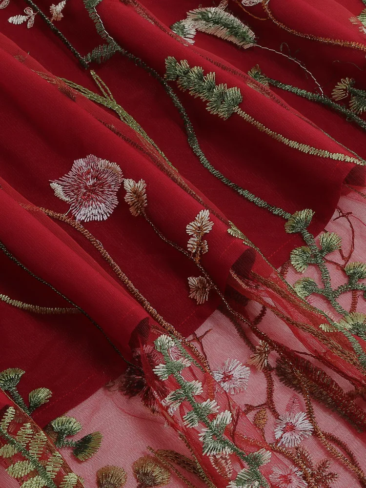 Tonval Floral Embroidered Mesh Overlay Lined Long Skirt Elastic Waist Women Elegant Festival Outfit Summer Vintage Skirts