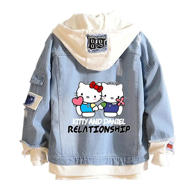 Anime Cartoon Sanrio Hello Kitty Cowboy Coat Fashion Kawaii Spring Autumn Couple Cute Loose Hooded Denim Jacket Couples Dress