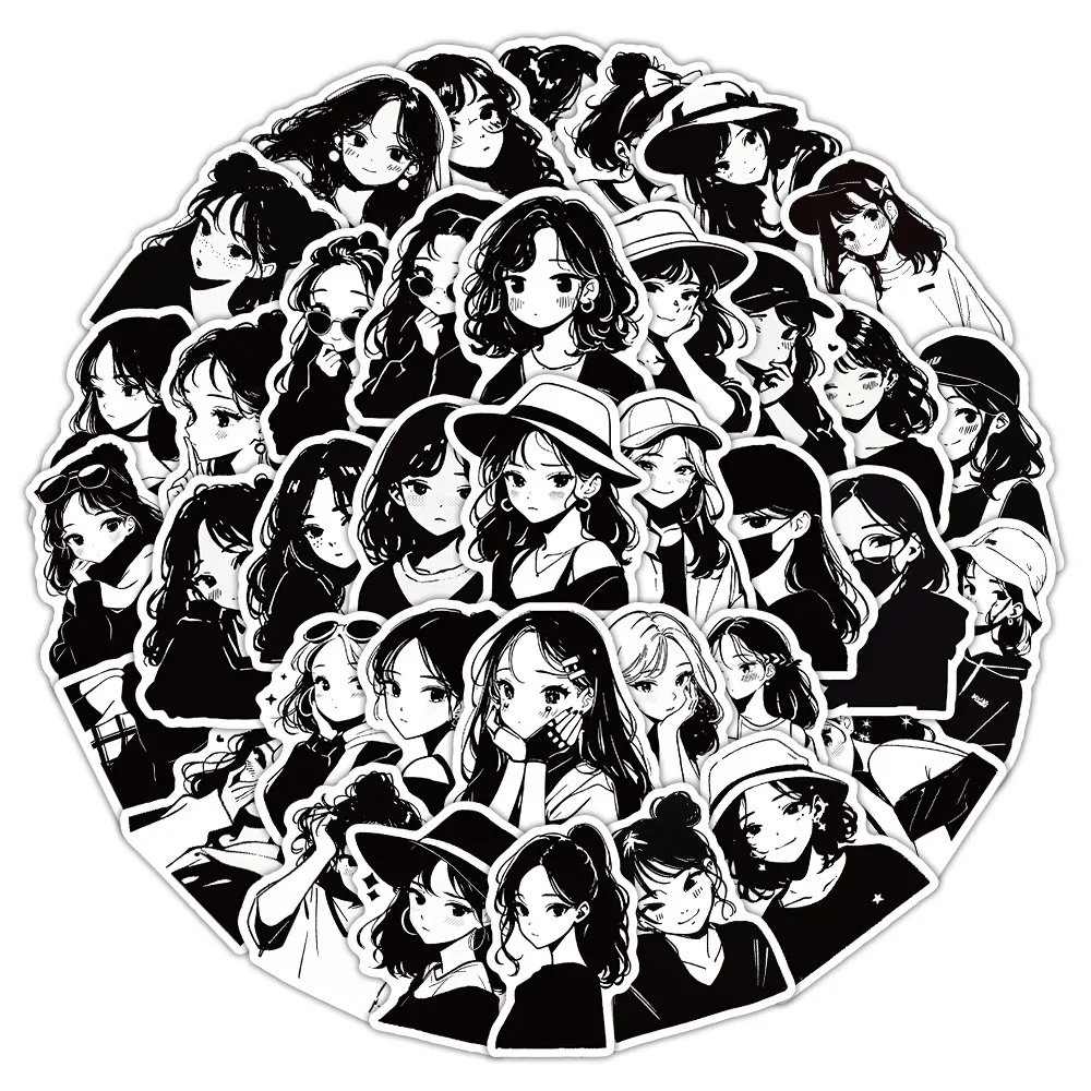 

10/60PCS Cute Girl Black and White Doodle Personality Creative Cartoon Decoration Doodle Stickers DIY Refrigerator Bookshelf