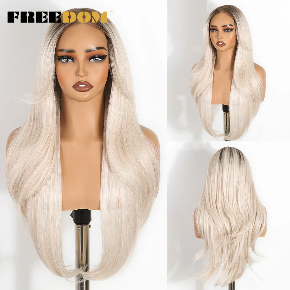 FREEDOM Synthetische Lace-Front-Perücken für Damen, 6x4, gerade geschnitten, mit vorgezupften Haaransätzen, Ombré-Blond, Weiß, einfach aufzusetzen, ohne Klebstoff. – Detail 6