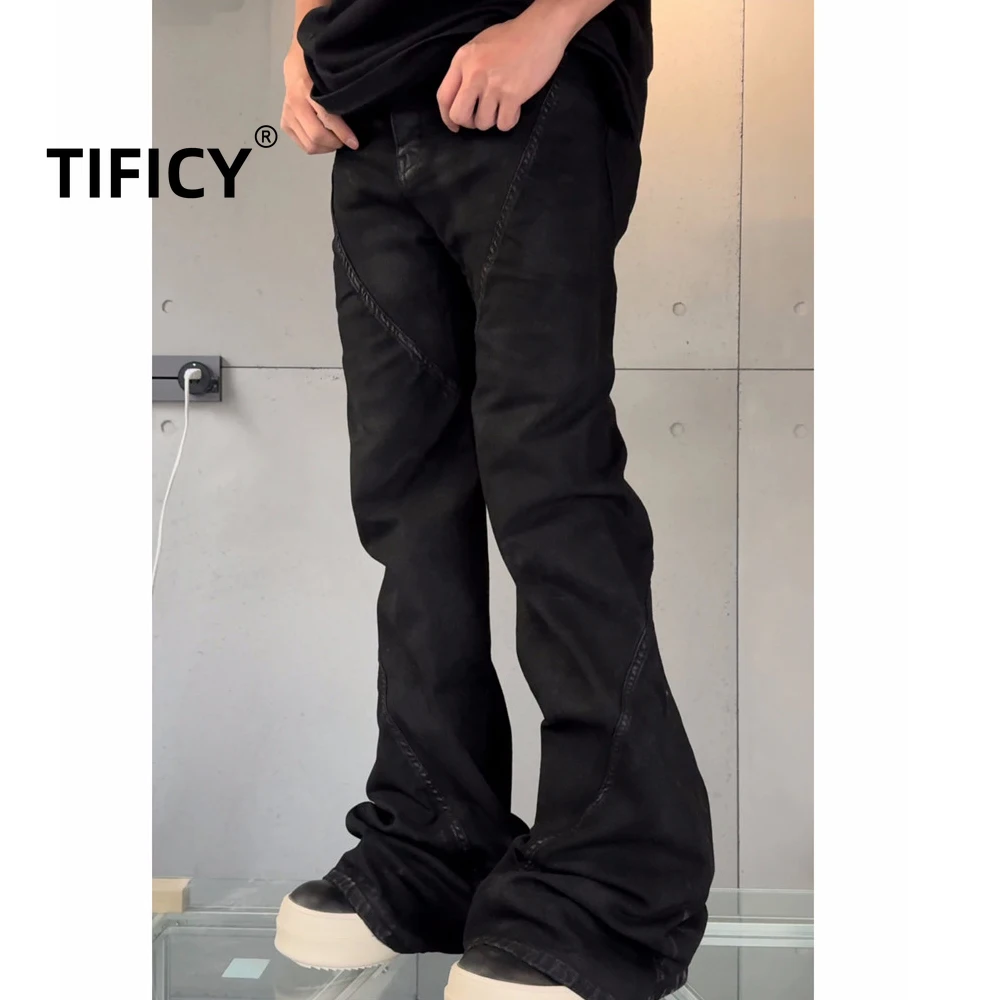 

High Street Jean Pants Men's RO 25ss Dark Style Spiral Splicing Brush Wax Micro Pull Floor Pants Black Elastic Denim Pant