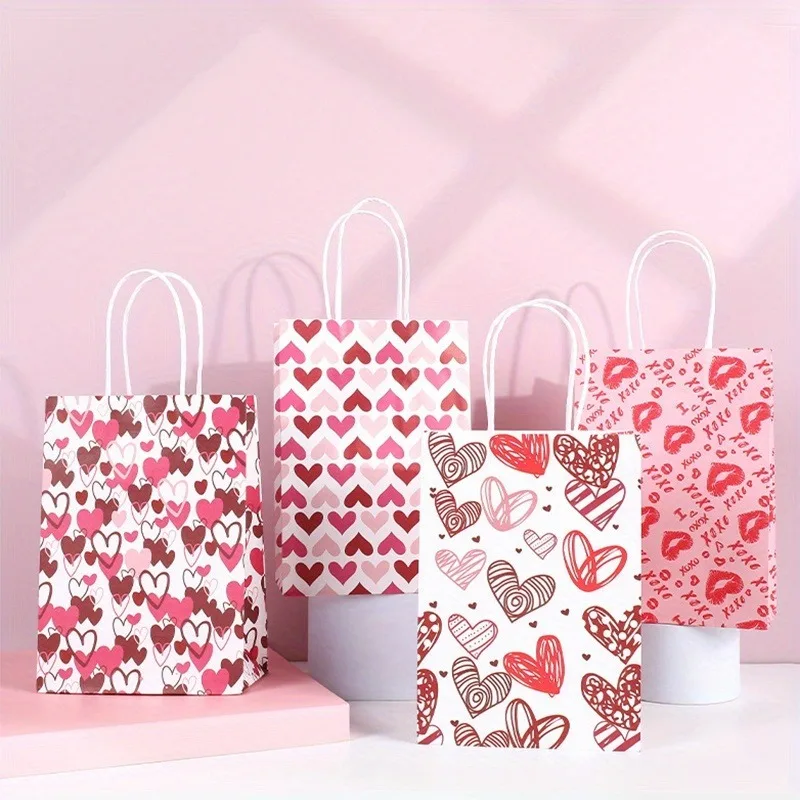 Valentine's Day Paper Gift Bags with Handles Gift Bag Candy Biscuit Heart Shaped Love Bag Wedding Anniversaries Party Supplies