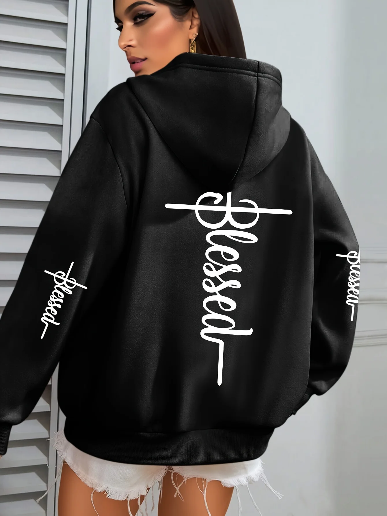 "BLESSED" Faith Print Hoodie Long Sleeve Pullover with Pocket Slight Stretch Fall/Winter Casual Hooded Sweatshirt