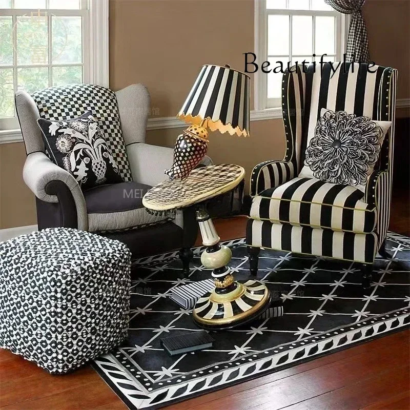 I Ss American Country Black And White Striped Single Sofa Chair French Retro Living Room Casual High Back Tiger Chair