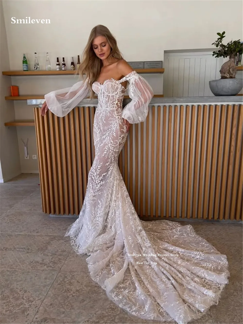 

Smileven Lace Mermaid Wedding Dress Sweetheart Neck Puff sleeve Bride Dresses Appliqued Lace Vestido de novia Customized