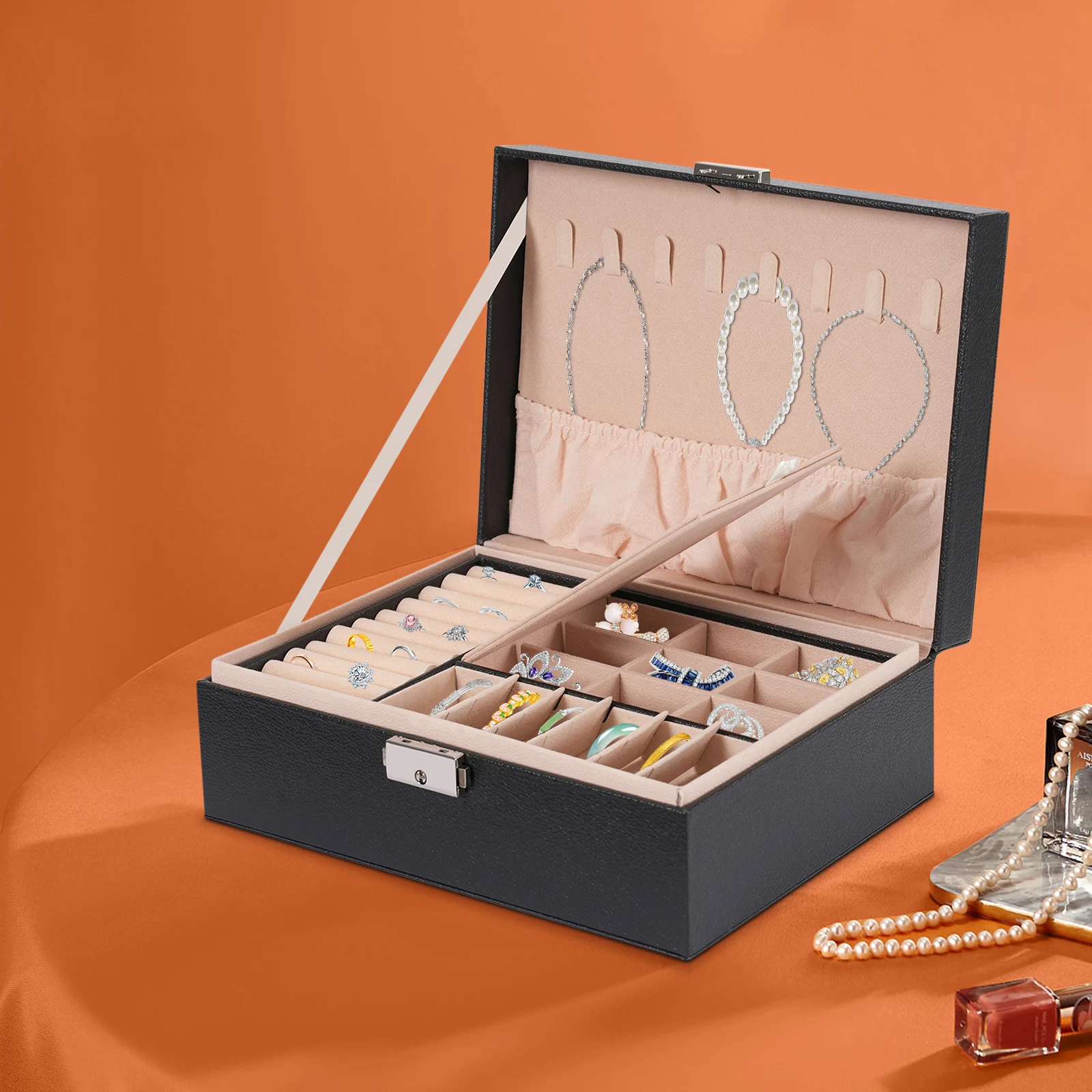 

Jewelry Box for Women Girl Wife - Jewelry Organizer Storage Case with Two Layers Display for Earrings Bracelets Rings Watches