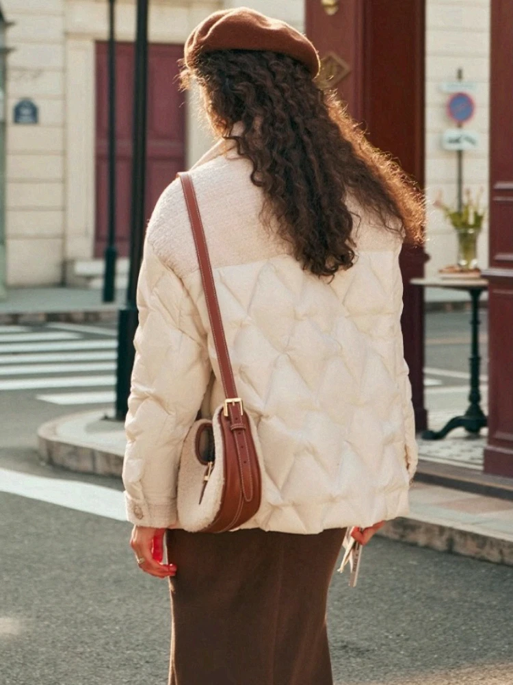 OLrain Tweed Piumino Donna Inverno 2025 Nuova Splicing Caldo Turn-down Top Elegante Manica Lunga Imbottiture Cappotti Donna G23DY86083