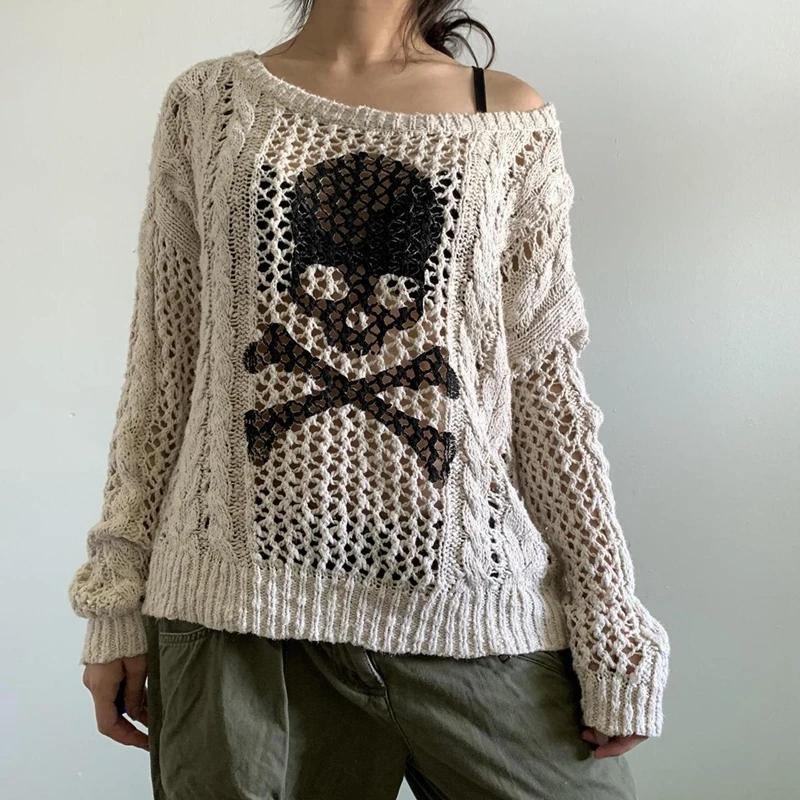 Harajuku Grunge Y2K Aesthetics Retro Jumpers Skeleton Print Hollow Out Knitted Sweater Autumn Full Sleeve Pullovers Korean