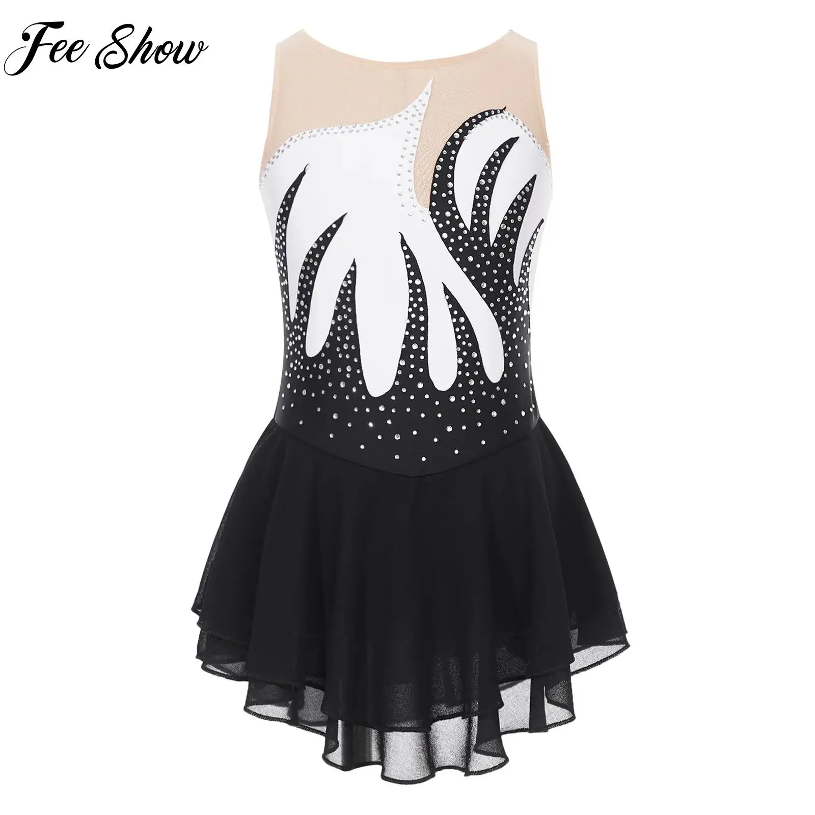 

Fashion Kids Girls Ballet Tutu Dresses Figure Skating Performance Costume Shiny Rhinestone Sleeveless Mesh Patchwork Dance Dress