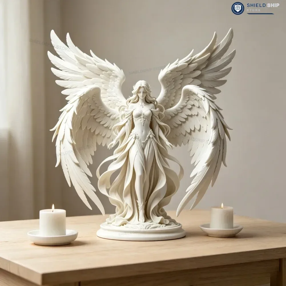 Statua di Angelo Custode Stampata in 3D, Grande Scultura di Angelo Femminile Alato, Elegante Figurina in Resina Bianca, Decorazione da Scrivania per la Casa