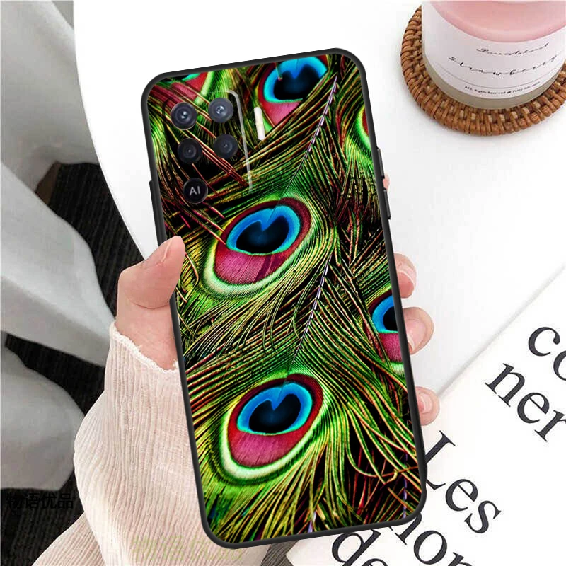 Чехол с павлиньими перьями для Oppo A18 A74 A57 A17 A77 A38 A58 A78 A98 A54 A94 A80 A60 A40 A96 A76 A16 A15 A5 Pro