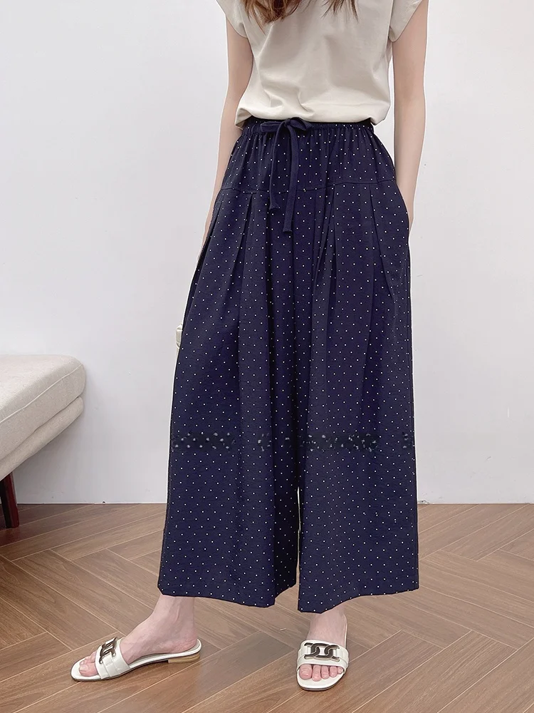 

Широкие брюки-юбка с высокой талией, женские, в горошек, летние, новинка, в корейском стиле, повседневные