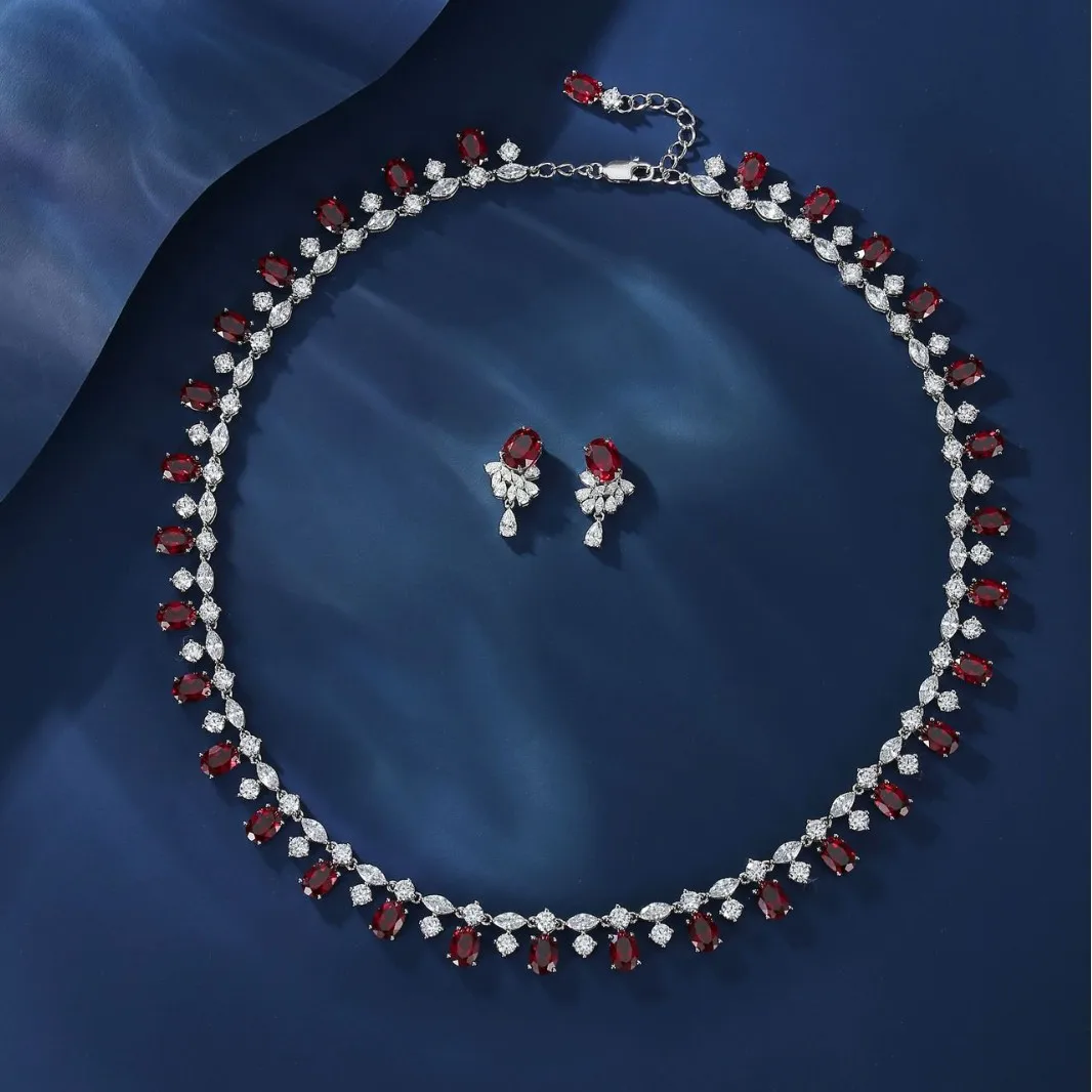 

Прецизионный набор из серебра 925 пробы, 32 карата, ожерелье и серьги из лабораторного корисного рубина, роскошные ювелирные изделия с культивированным драгоценным камнем, подарок