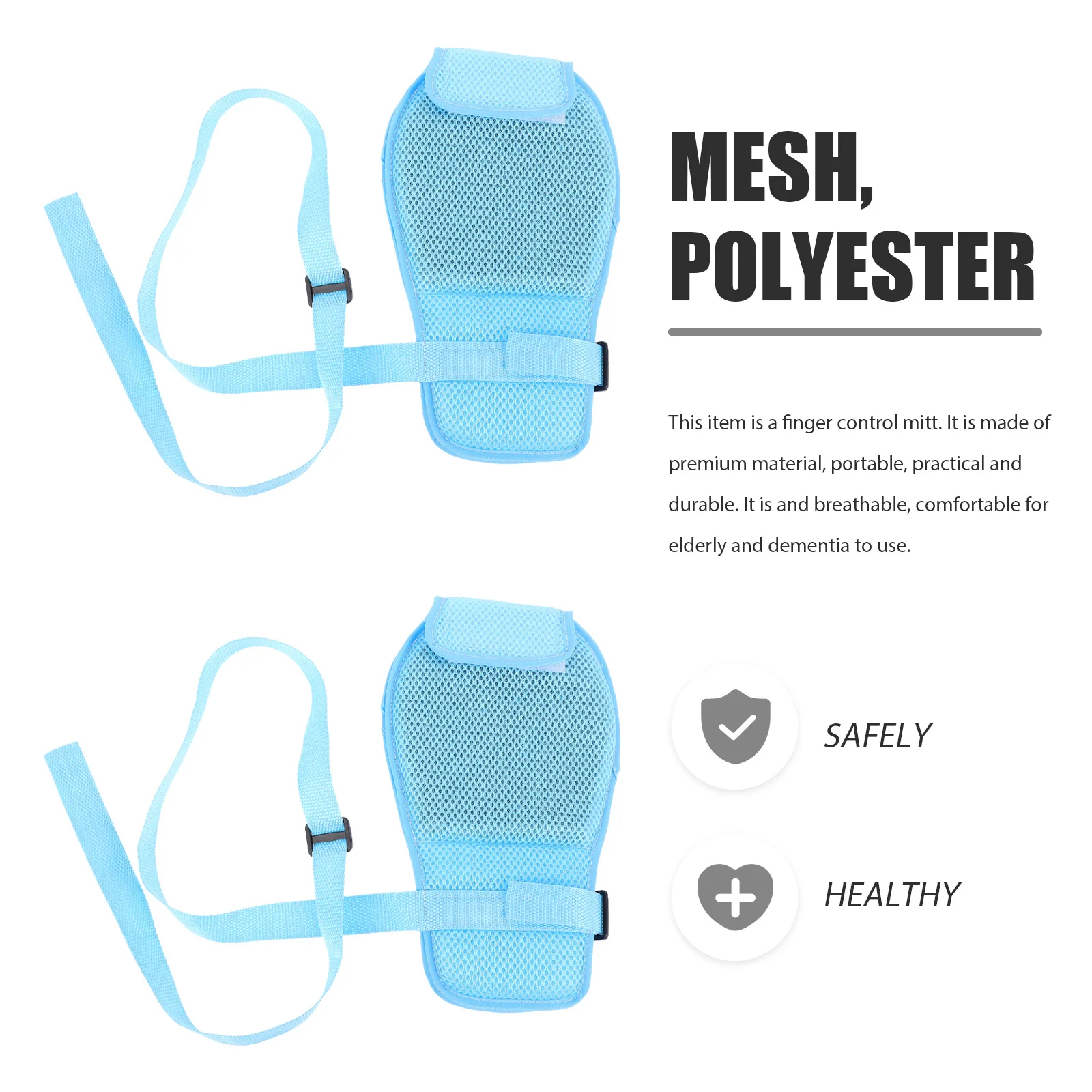 

2pcs Breathable Restraint Gloves Sky-Blue Adjustable Hand Control Mitts For Elderly Safety Finger Protection Padded Mitt Prevent