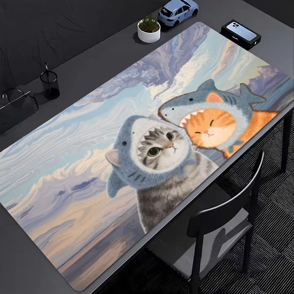 XXL Large Gaming Mouse Pad Cute Shark Hat Cats Van Gogh Sky Deskmat Overlock Non‑Slip Rubber Keyboard Mats Laptop Mousepads